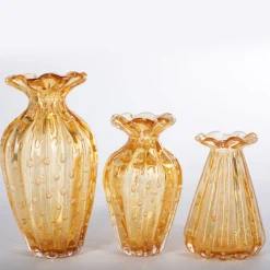 1950 Set di 3 vasi in ambra con bolle d'oro