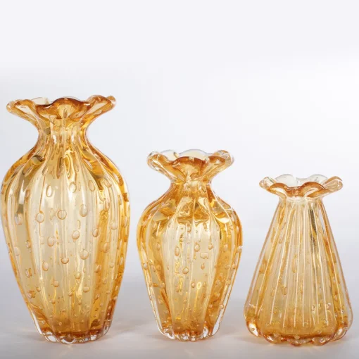 1950 Set di 3 vasi in ambra con bolle d'oro