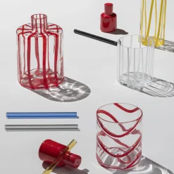 Bottiglia in vetro Murano Cyrcus Striped Rosso e Trasparente