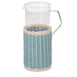 Brocca di vetro in pelle e rattan Marseille - Azzurro