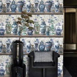 Carta da Parati Chinoiserie con Vasi Ming