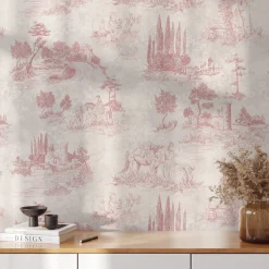 Carta da Parati Toile Vintage Francese Rosa
