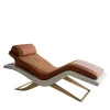 Chaise Longue in Pelle Marrone con Struttura in Legno e Bronzo