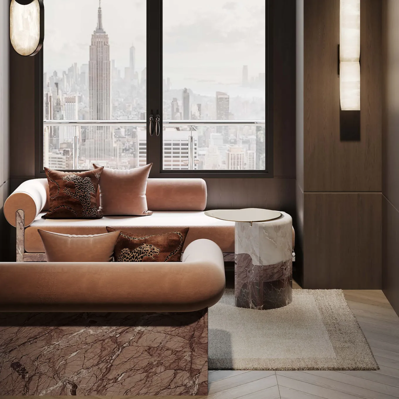 Chaise Longue Luna in marmo Siena rosa e seta mohair di Sheree Stuart Design