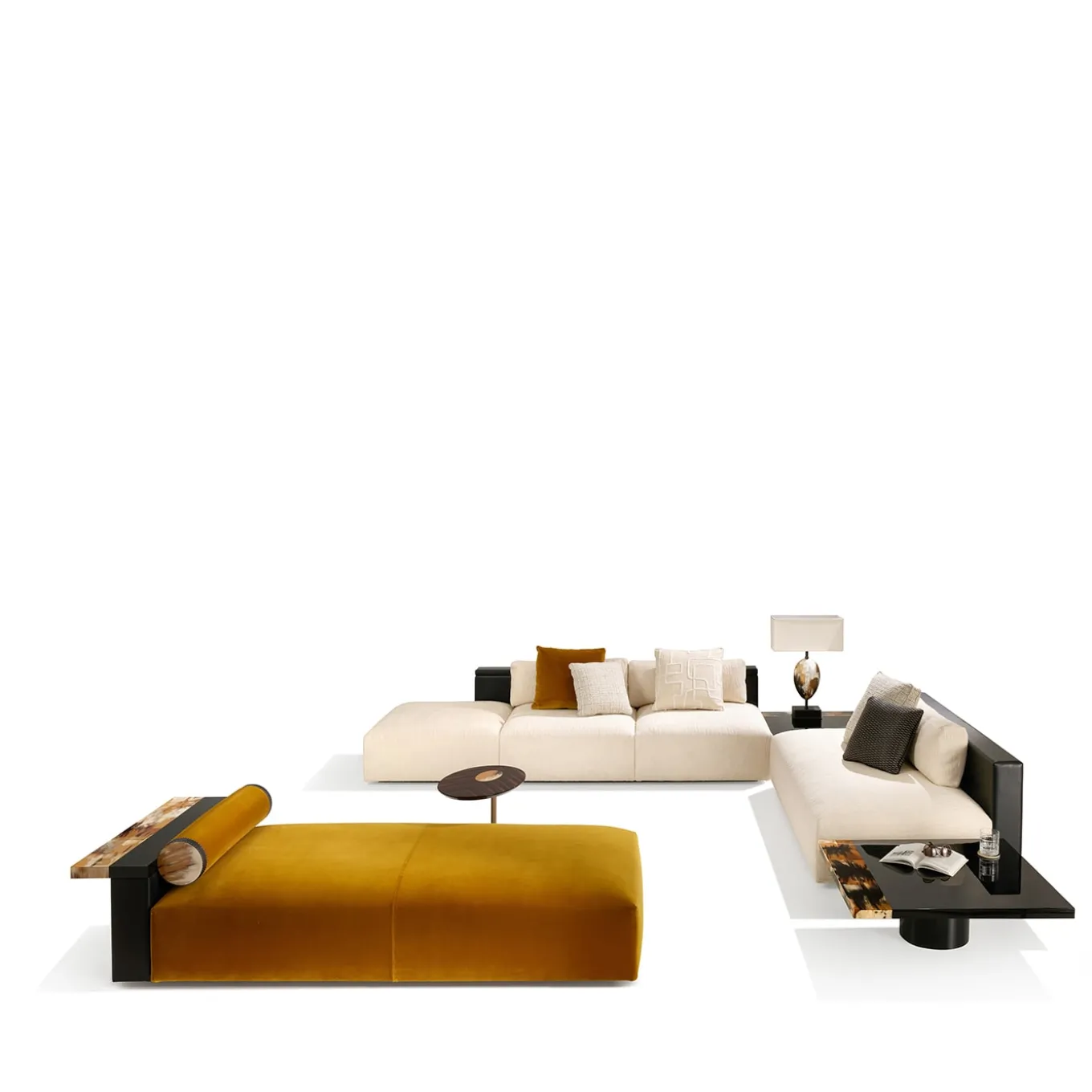 Chaise Lounge Egon in velluto giallo con dettagli in pelle e corno