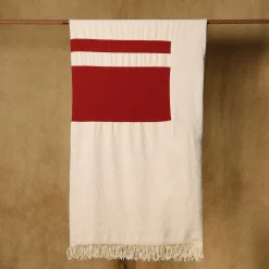 Coperta Ciconi in lana e lino con frange beige e rosse