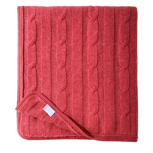 Coperta grande in cashmere lavorata a maglia a cavo color corallo