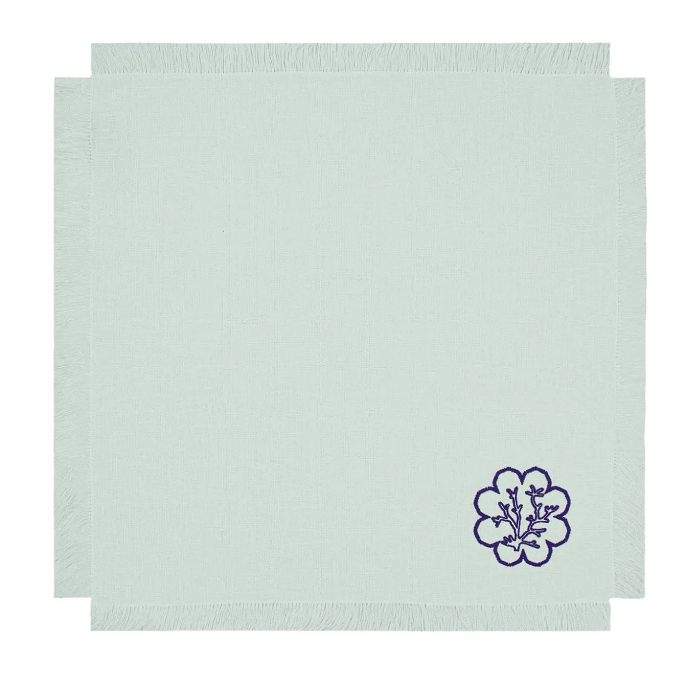 Corallo Blu Set di 6 tovaglioli ricamati con frange in verde pastello