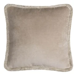 Cuscino Happy in velluto beige con frange beige