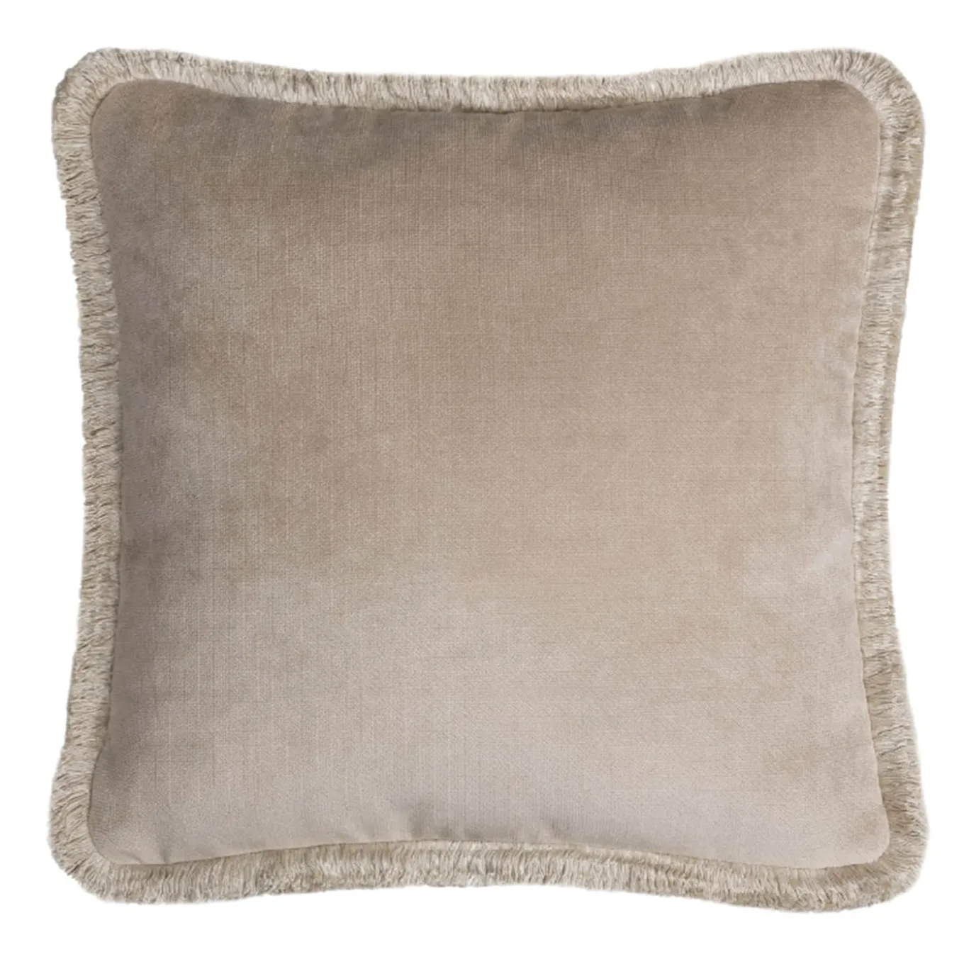 Cuscino Happy in velluto beige con frange beige