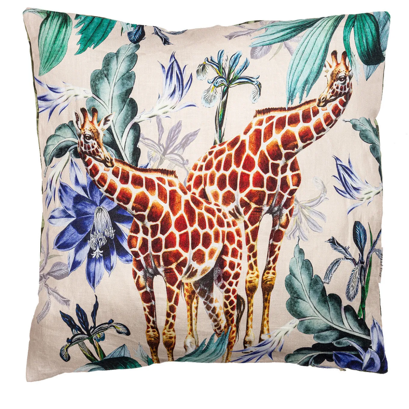 Cuscino in lino Animalia con giraffe e fiori blu