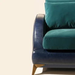 Divano Couch pelle blu e velluto ottanio