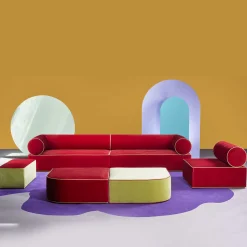 Divano in tessuto rosso e giallo Graphius di Giuseppe Dicecca