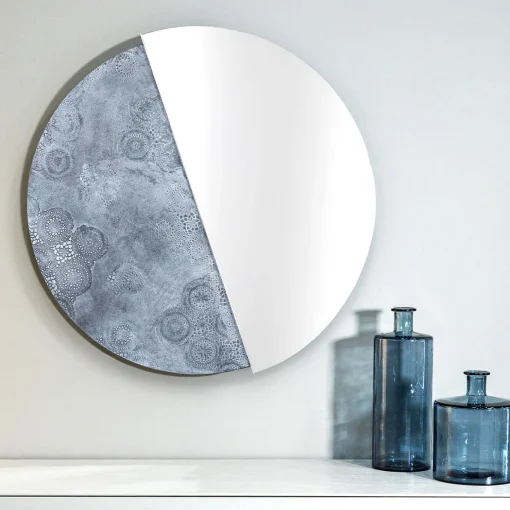 Eclisse Specchio Tondo Decorato Con Resina Spatolata Color Argento