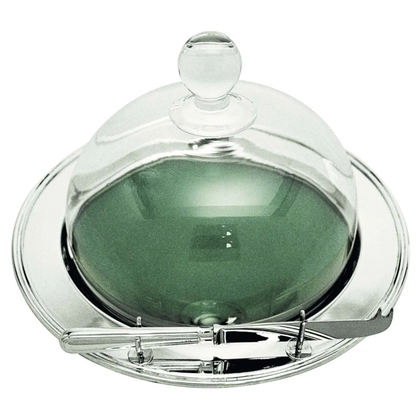 Inglese Vassoio rotondo per formaggi con coperchio a cupola di cristallo e coltello