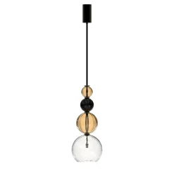 Lampada a sospensione Caruso a 1 luce in vetro di Murano color Fumè, cristallo trasparente e nero