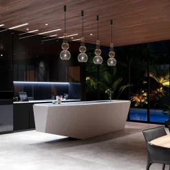 Lampada a sospensione Caruso a 1 luce in vetro di Murano color Fumè, cristallo trasparente e nero