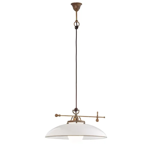 Lampada a sospensione in ottone e vetro bianco