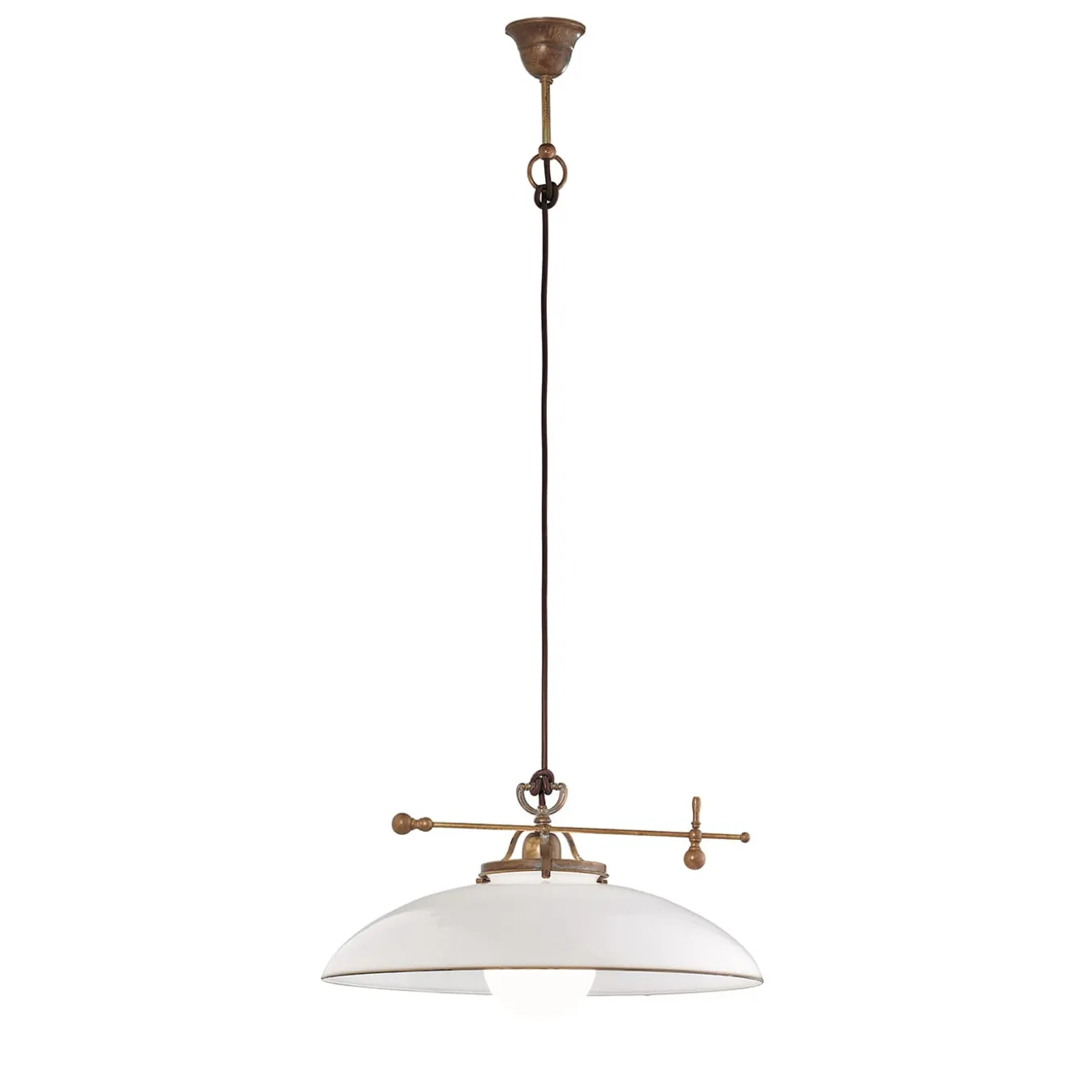 Lampada a sospensione in ottone e vetro bianco