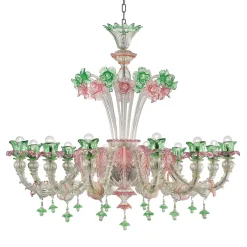 Lampadario floreale in vetro soffiato verde rosa di Calle Montesanto