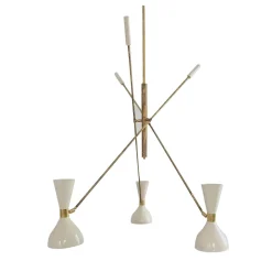 Lampadario regolabile a 3 bracci in ottone e avorio Contrappeso