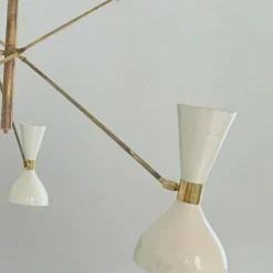 Lampadario regolabile a 3 bracci in ottone e avorio Contrappeso