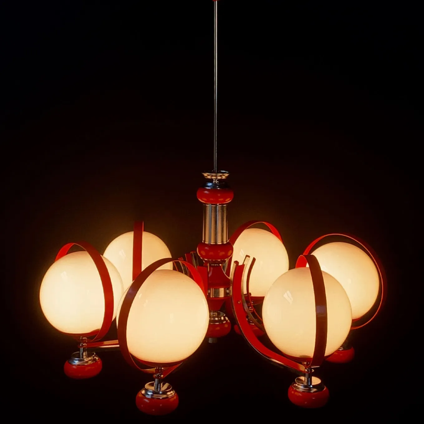 Lampadario rosso a 7 luci Stilnovo