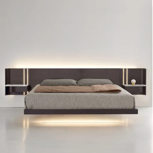 Letto Book in Noce con Dettagli in Ceramica Calacatta e Vetro