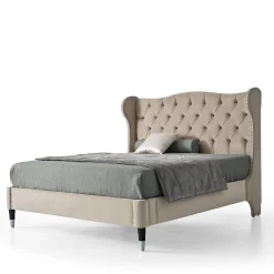 Letto imbottito beige con gambe in legno di faggio e metallo