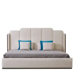 Letto Milano in ecopelle cappuccino con pannelli in noce canaletto