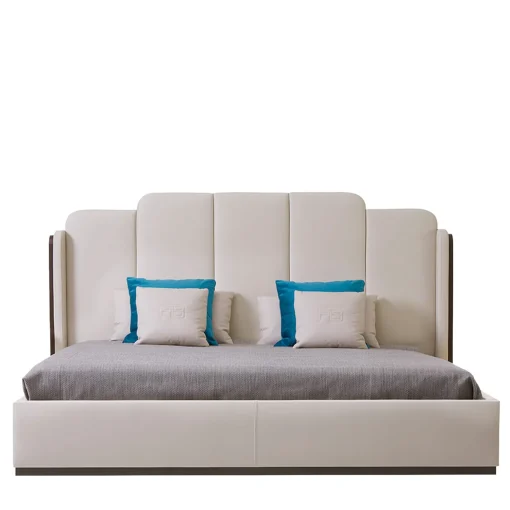 Letto Milano in ecopelle cappuccino con pannelli in noce canaletto