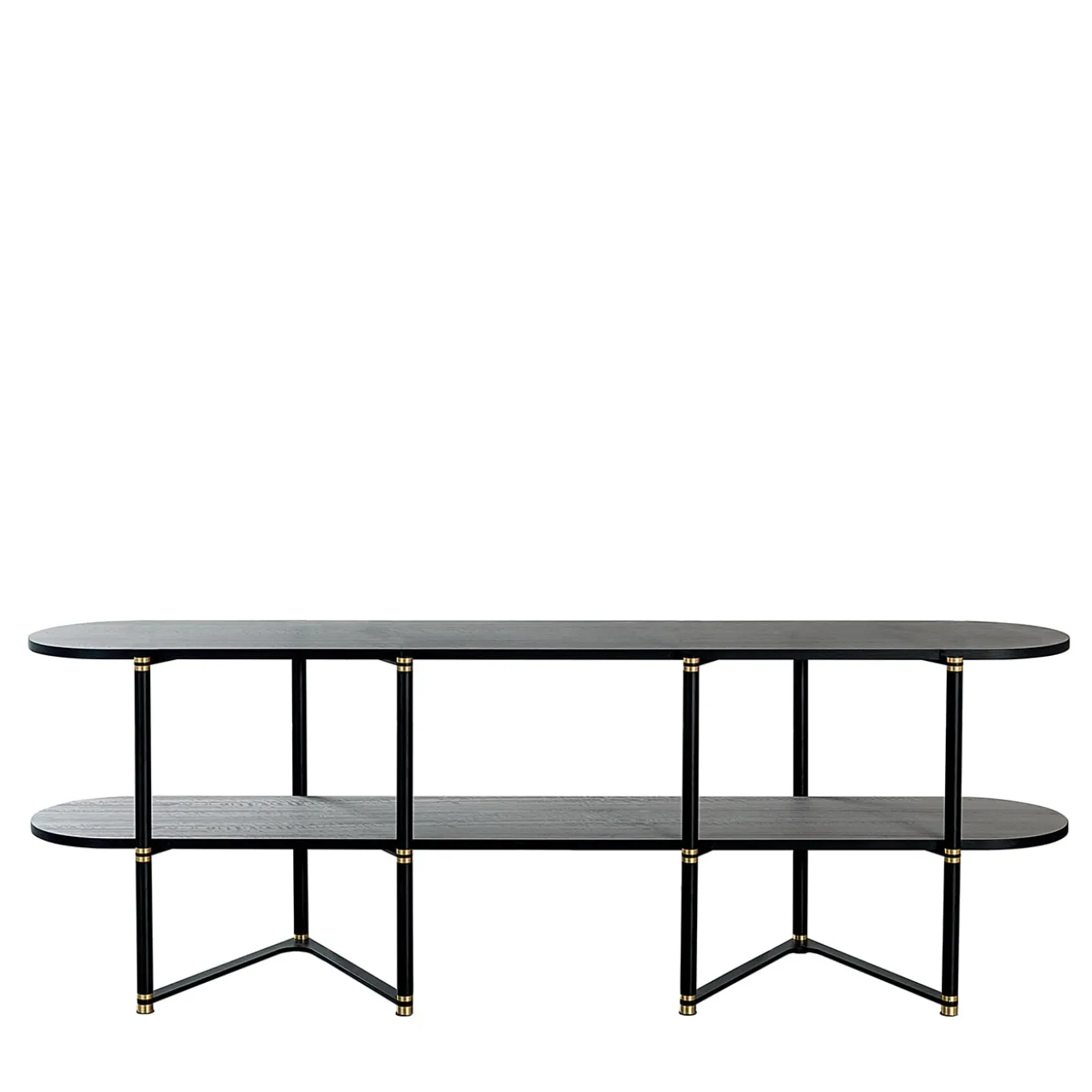 Libreria Boomerang in metallo nero e ottone con 2 ripiani di Pietro Russo Design