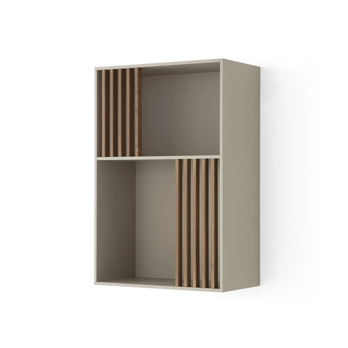Libreria Mondrian Beige Pechino con dettagli in legno massello tinto noce