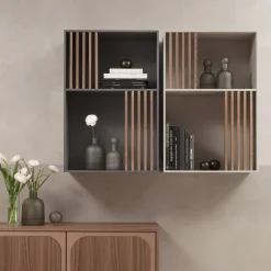 Libreria Mondrian Beige Pechino con dettagli in legno massello tinto noce