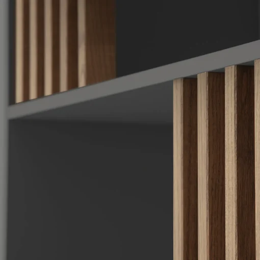 Libreria Mondrian Grigio Vulcano con Accenti in Legno Massello Tinto Noce