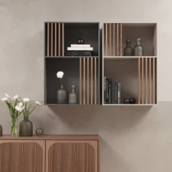 Libreria Mondrian Grigio Vulcano con Accenti in Legno Massello Tinto Noce