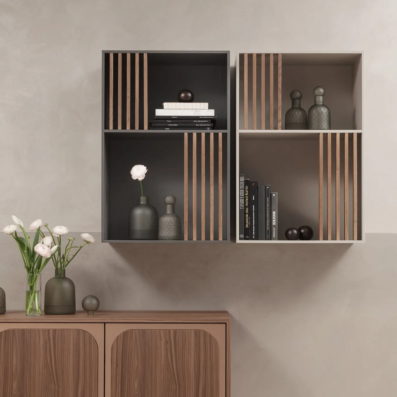 Libreria Mondrian Grigio Vulcano con Accenti in Legno Massello Tinto Noce