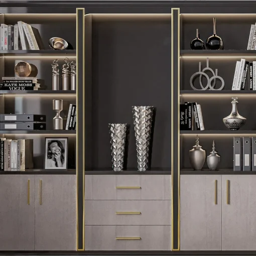Libreria Nera e Marrone con Porte in Eucalipto della Collezione Studio Privè