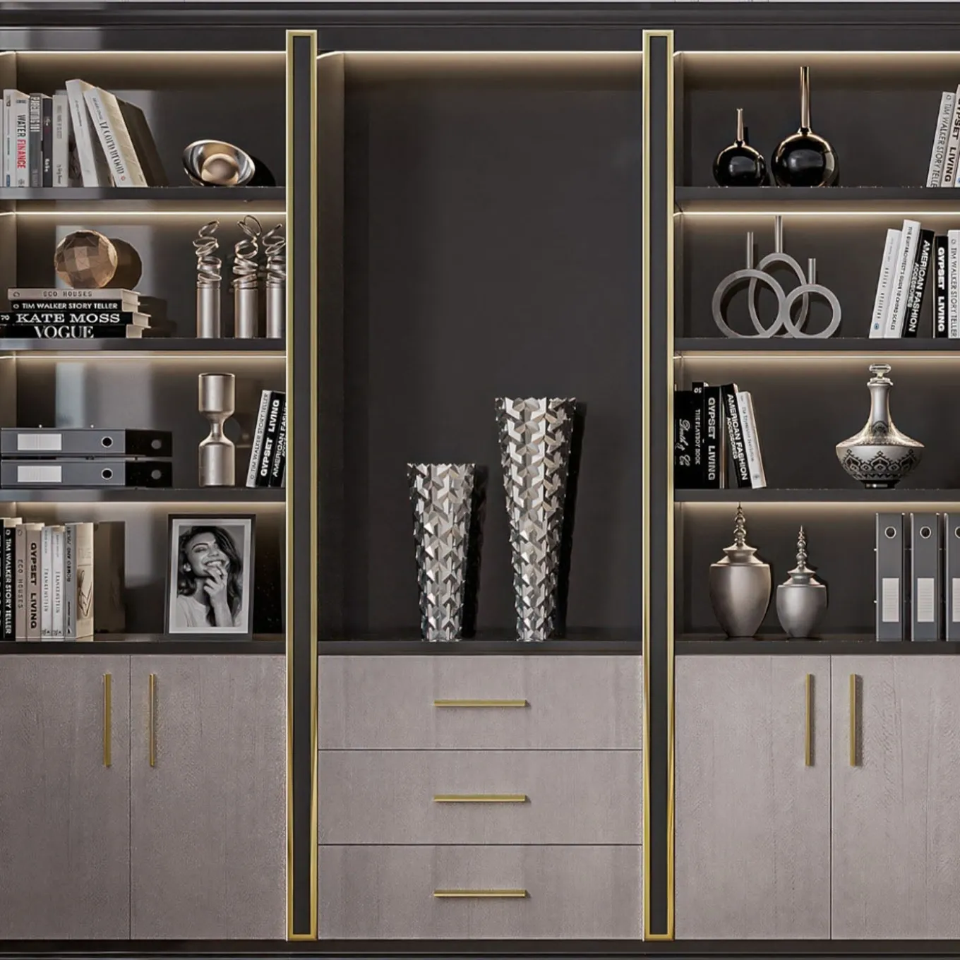 Libreria Nera e Marrone con Porte in Eucalipto della Collezione Studio Privè