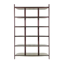 Libreria Petra in metallo rosso con mensole in vetro bronzo curvato
