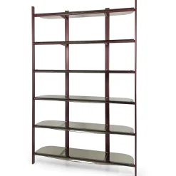 Libreria Petra in metallo rosso con mensole in vetro bronzo curvato