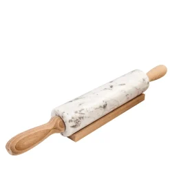 Mattarello in marmo bianco con manico in legno