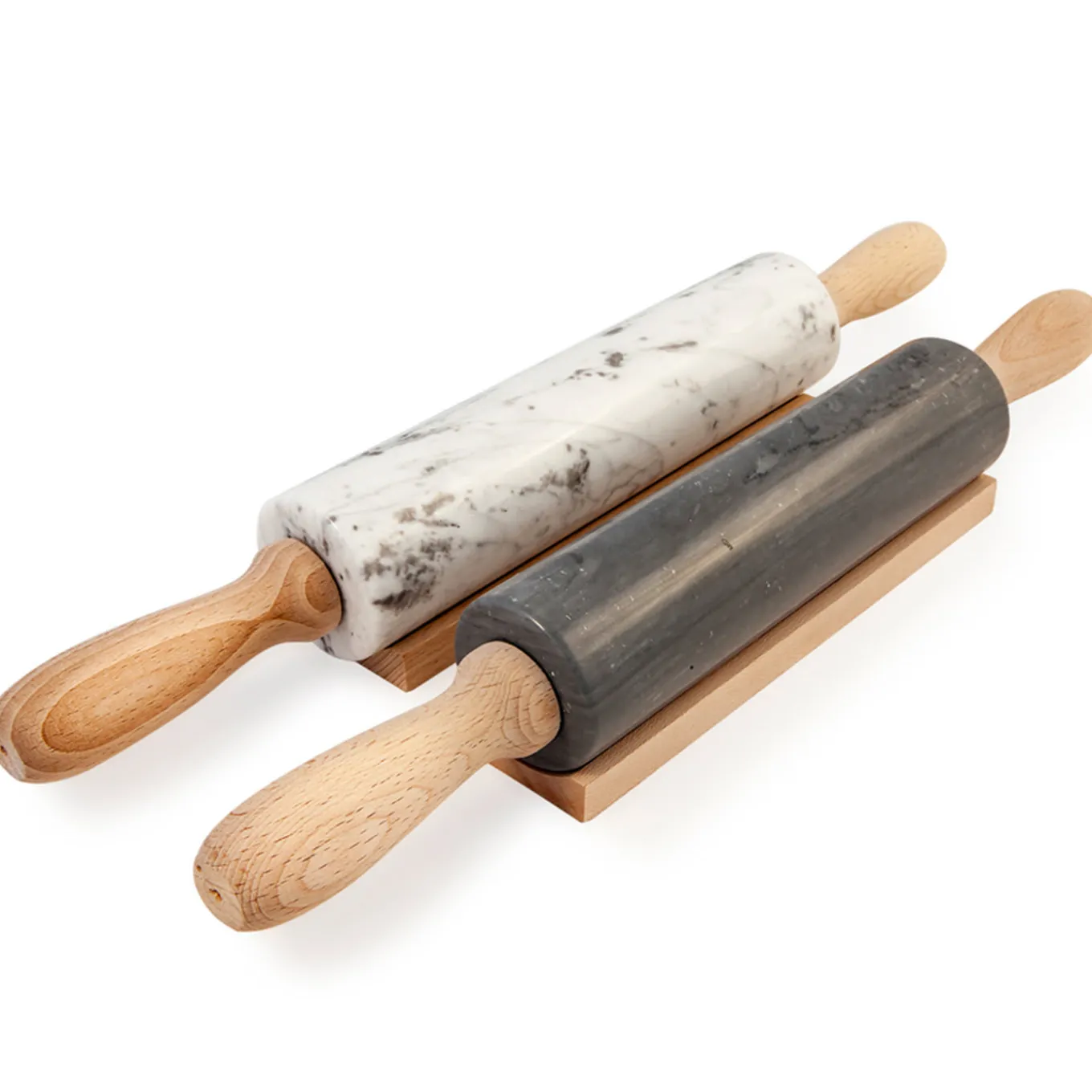 Mattarello in marmo grigio con manico in legno