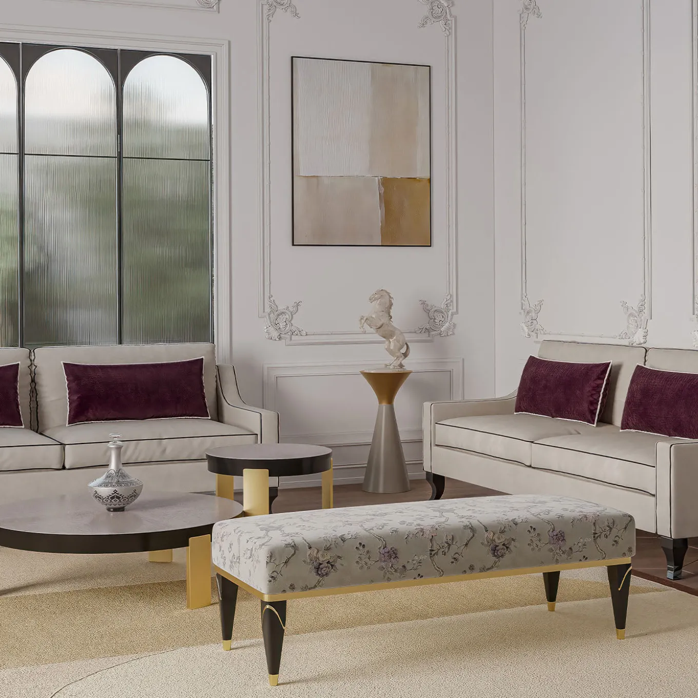 Panchina imbottita floreale nera e marrone della collezione Studio Privè