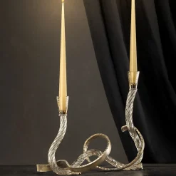 Portacandele Ribbon in Vetro di Murano Champagne e Ottone Curvato a Mano