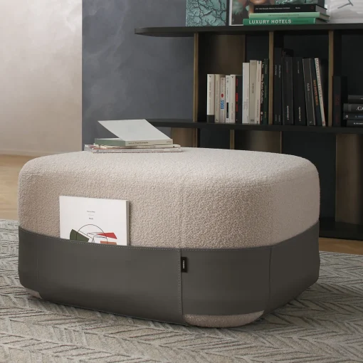 Pouf Bouclé Grigio SUMO con Tasca in Cuoio #1