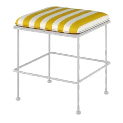 Pouf Liberty in ferro bianco con cuscino a strisce bianche e gialle