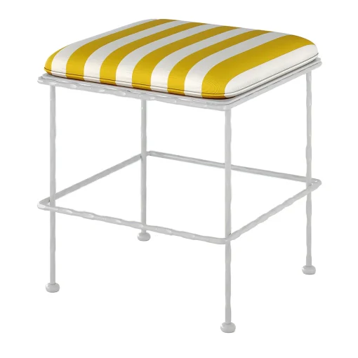 Pouf Liberty in ferro bianco con cuscino a strisce bianche e gialle