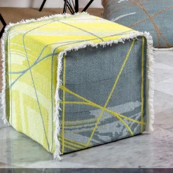Pouf Reverso jacquard Giallo Cedro e Blu/Green Alga con frange