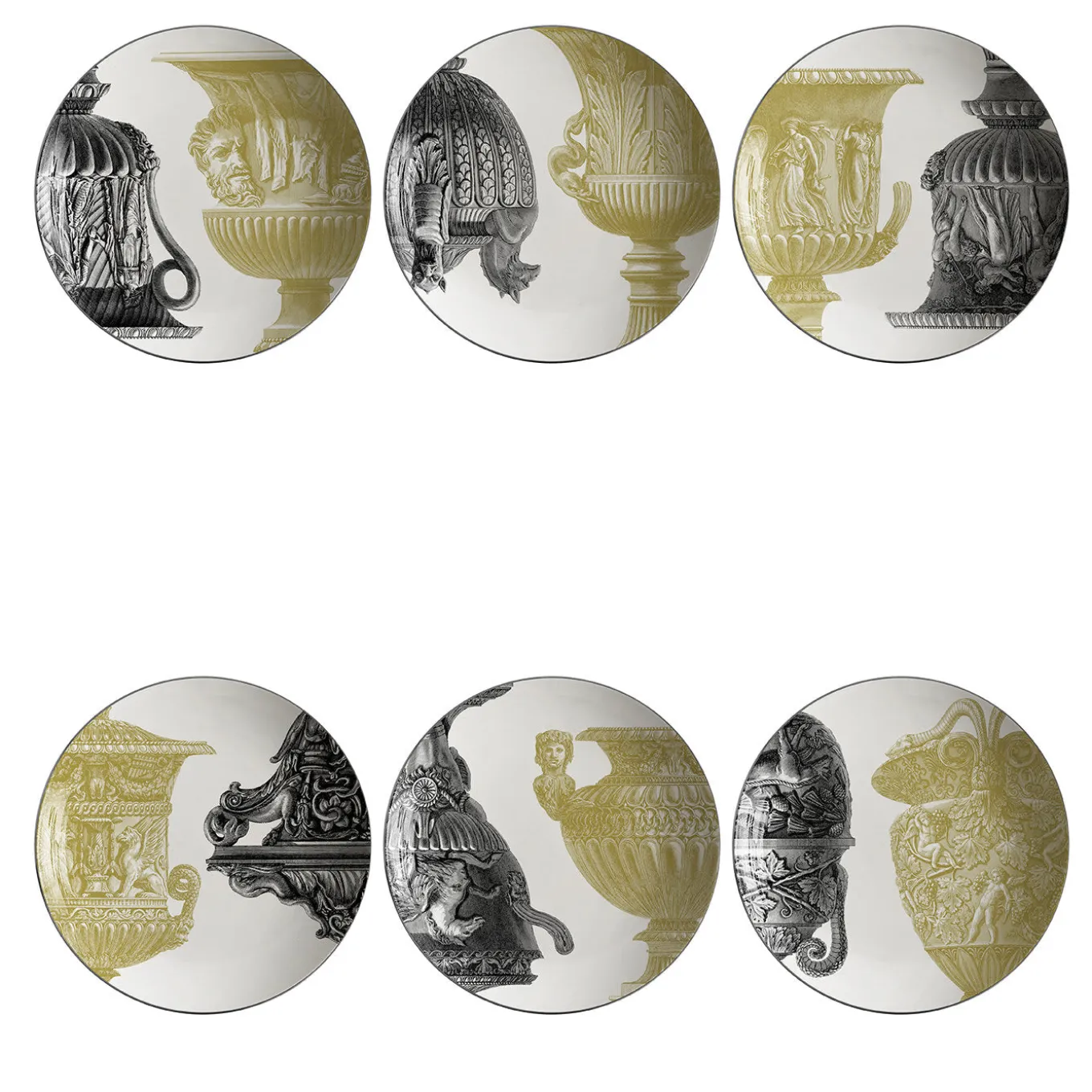 Roma Set di 6 Piatti Fondi in porcellana con anfore antiche